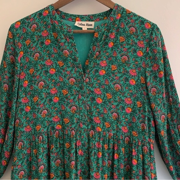 Celina Moon Green Floral Tiered Midi Dress Small NEW NWOT - Picture 3 of 10
